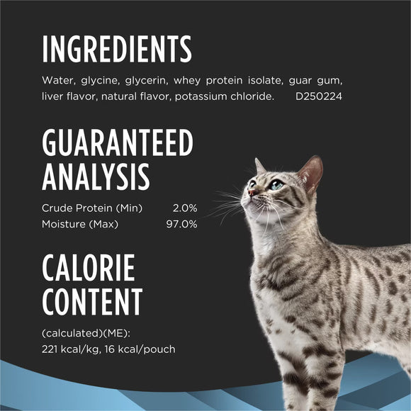Ingredients, guaranteed analysis and calorie content of Purina Pro Plan Hydra Care Liquid Hydration Supplement for Cats