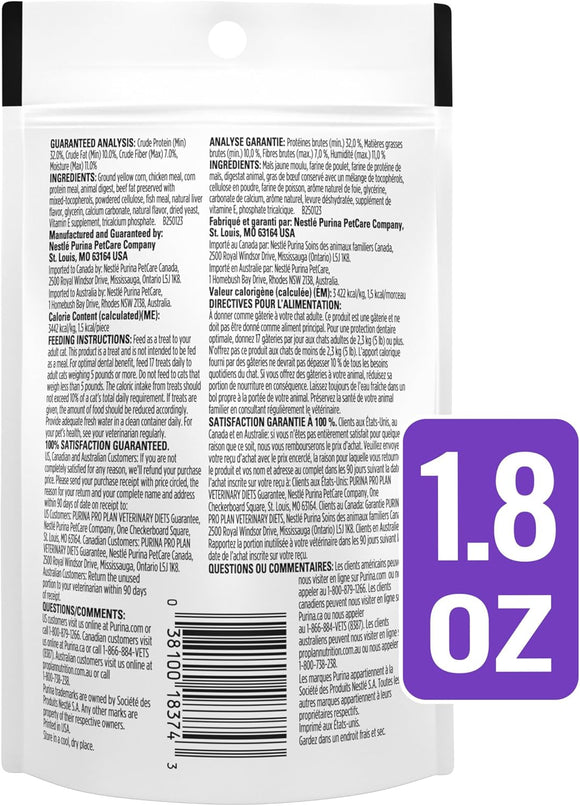 Back label of Purina Pro Plan Low-Calorie Crunchy Dental Bites Cat Treats