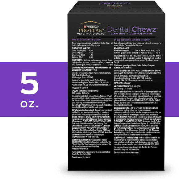 Back Label of Purina Pro Plan Dental Chewz Dog Treats