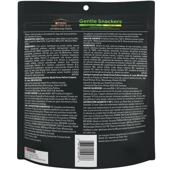Back label of Purina Pro Plan Veterinary Diets Gentle Snackers Low Fat Hydrolyzed Dog Treats