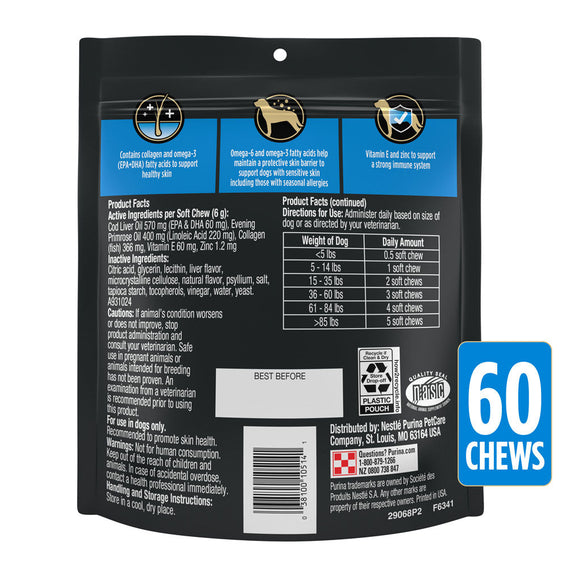 Back Label of Purina Pro Plan Veterinary Diets Skin Care Soft Chew Supplement for Dogs - 60 chews