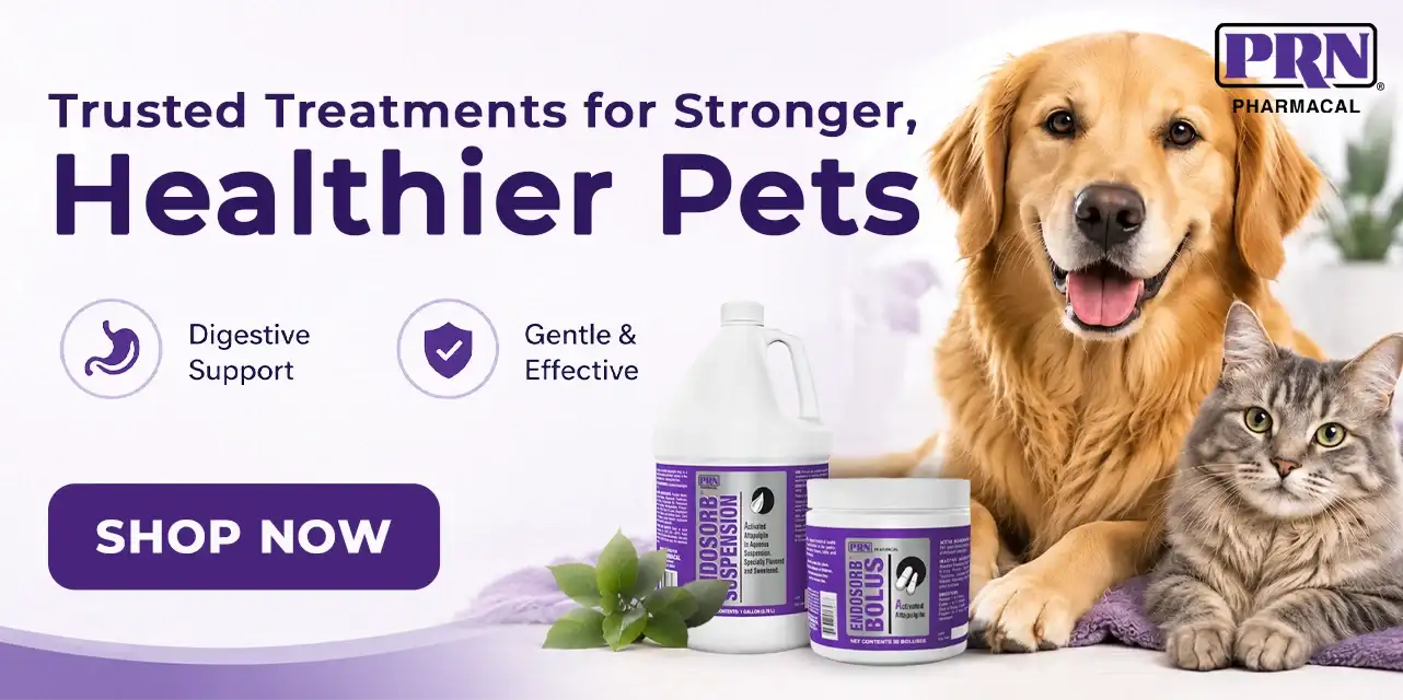 Purple and white labeled pet supplement bottles with a golden retriever and tabby cat beside them