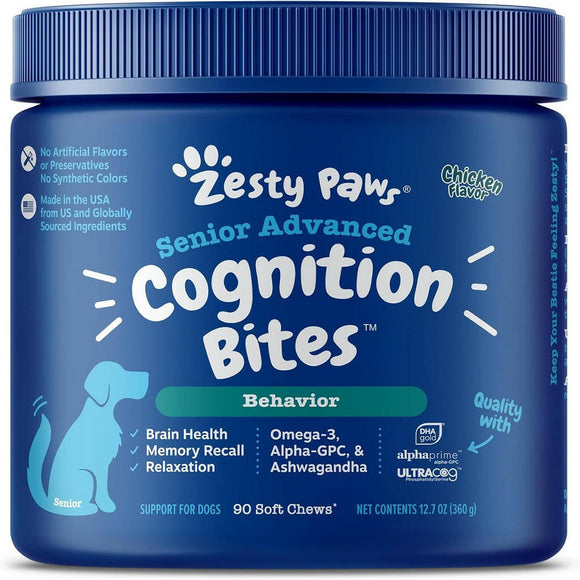 Zesty Paws Senior Advanced Cognition Bites Chicken Flavor Calming Supplement For Dogs (90 ct)