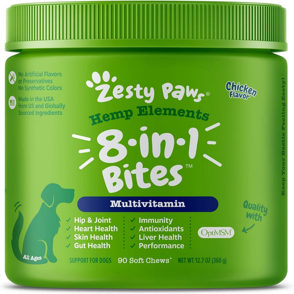 Zesty Paws Hemp Elements 8-in-1 Multifunctional Chicken Flavored Chews for Dogs (90 ct)