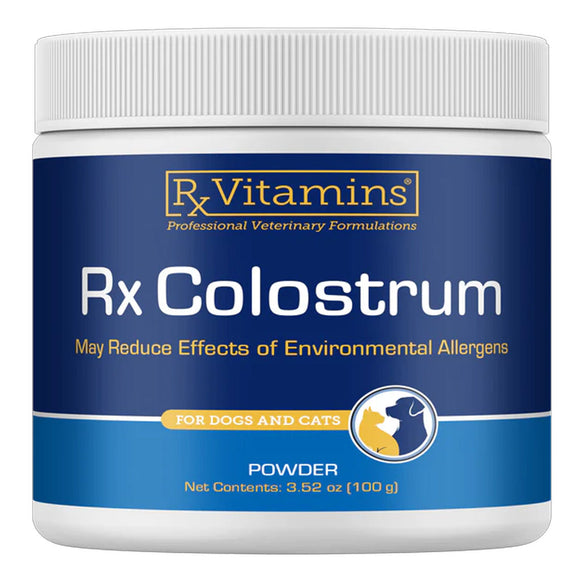 Jar of Rx Vitamins Rx Colostrum powder on a white background