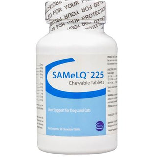SAMeLQ 225mg for dogs and cats provide liver support. SAMeLQ tablets are available in 100, 225, and 425mg. These chewable liver tablets for pets are also flavored making administration even easier