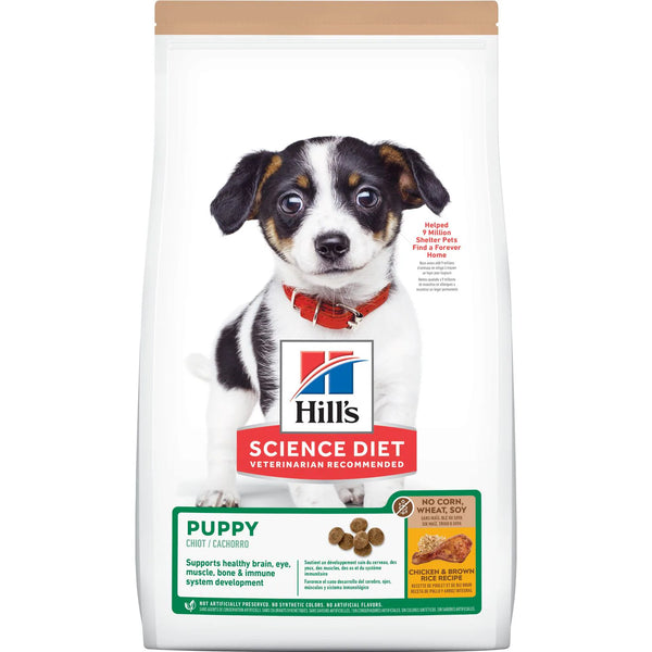 White bag with label Hill's Science Diet Puppy No Corn, Wheat or Soy Dry Dog Food, Chicken, 4 lb Bag
