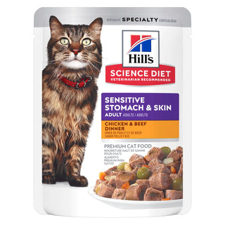 Hill's Science Diet Adult Sensitive Stomach & Skin Canned Cat Food, Chicken & Beef, 2.8 oz. pouch, 24 pack