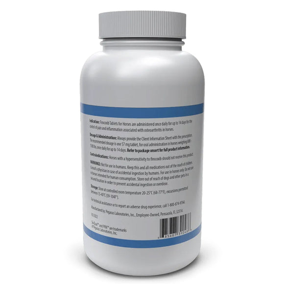 Back label of SeQual Firocoxib Tablets for Horses - Dosage, Warning, & Storage
