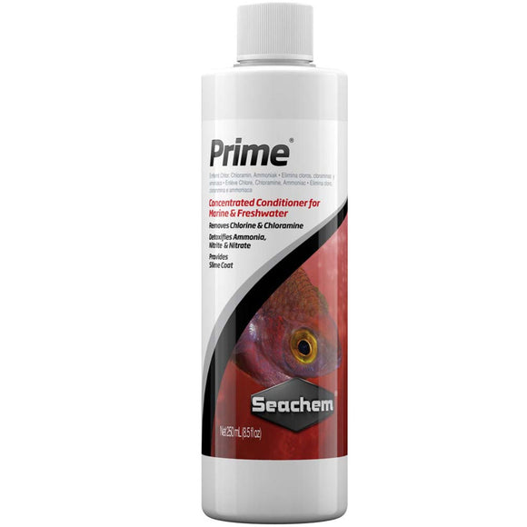 Seachem Prime bottle with fish image on a white background