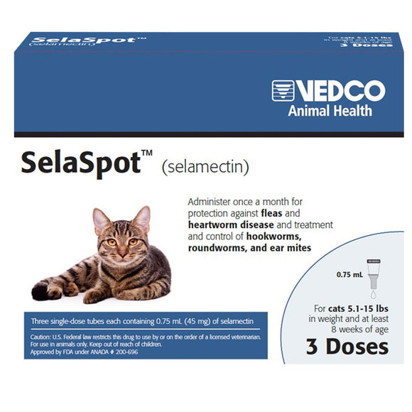 SelaSpot (selamectin) Topical Solution - Cats 5.1-15 lbs / 3 Doses (3 Months Supply) - Pet Flea & Tick Control