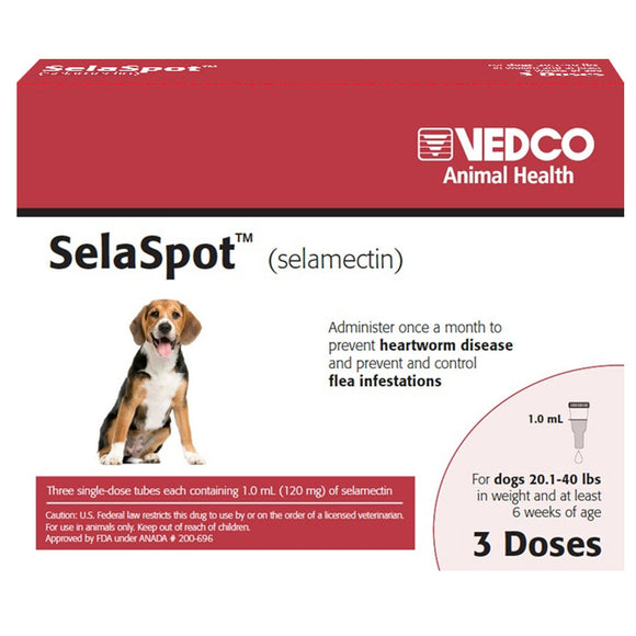 SelaSpot (selamectin) Topical Solution - Dogs 20.1-40 lbs / 3 Doses (3 Months Supply) - Pet Flea & Tick Control