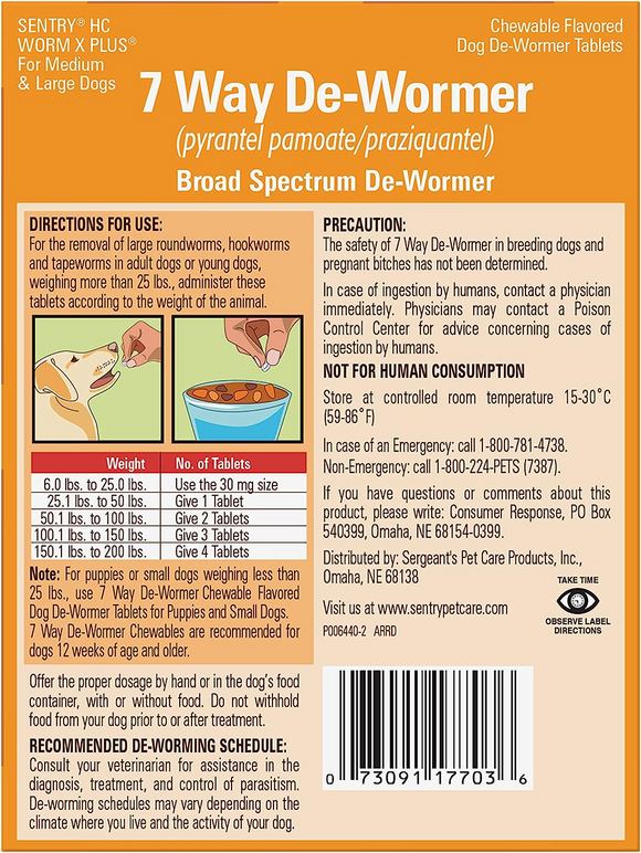 Sentry HC 7 Worm X Plus Way De-Wormer for Tapeworms Roundworms & Hookworms Medium & Large Dogs - Dog Dewormer 7