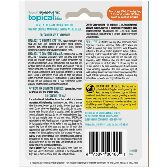Sergeant's Guardian Pro Flea & Tick Topical for Dogs, 7 lbs and under backside