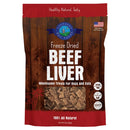 Package of freeze-dried beef liver treats for dogs and cats with a wooden texture and red accents.