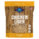 Package of freeze-dried chicken liver treats for dogs and cats on a wooden background