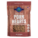 Package of freeze-dried pork hearts for dogs and cats with a wooden design.