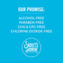Promotional graphic for Skout's Honor pet supply company with a blue background and white text listing product features.