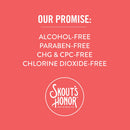Skout's Honor product with promise of being alcohol-free, paraben-free, CHG & CPC-free, and chlorine dioxide-free on a pink background.