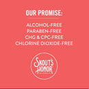 Skout's Honor product with promise of being alcohol-free, paraben-free, CHG & CPC-free, and chlorine dioxide-free on a pink background.