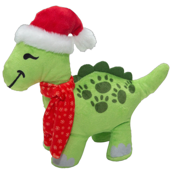 Green dinosaur plush toy wearing a red Santa hat and scarf on a white background
