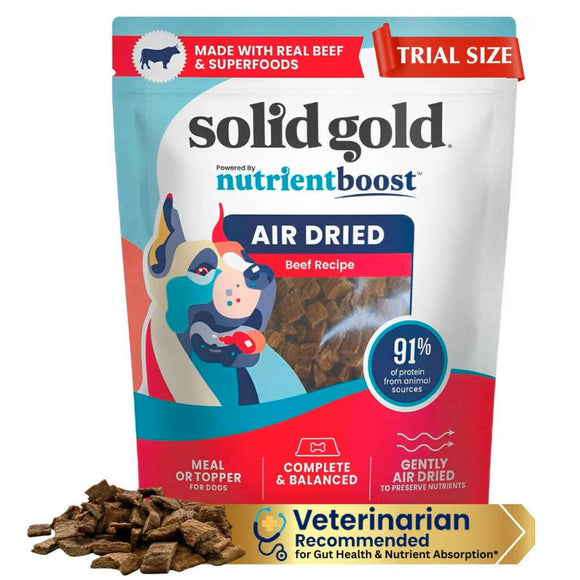 Solid Gold Beef Meal/Topper is available in 3 different sizes.
