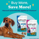 Dog lying next to Solid Gold pet food packages with promotional text on a blue background