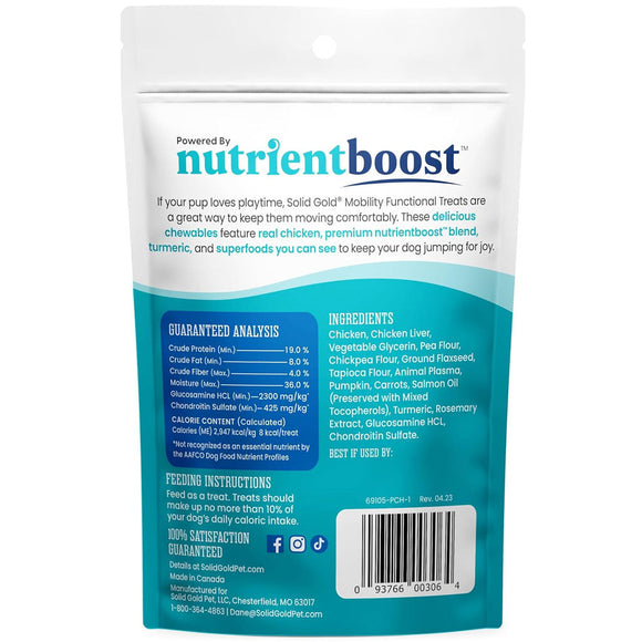 Solid Gold Mobility Functional Treats packaging with nutrient boost label on a white background