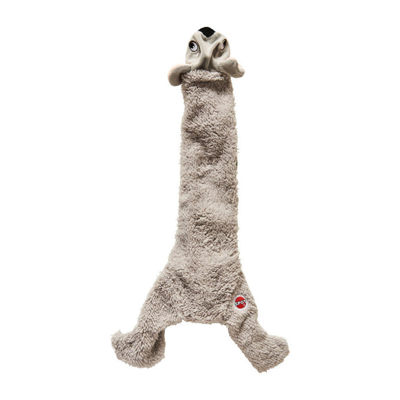 Plush dog toy shaped like a long neck with a head at one end on a white background
