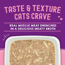 Cat food in a white dish with promotional text on a purple background