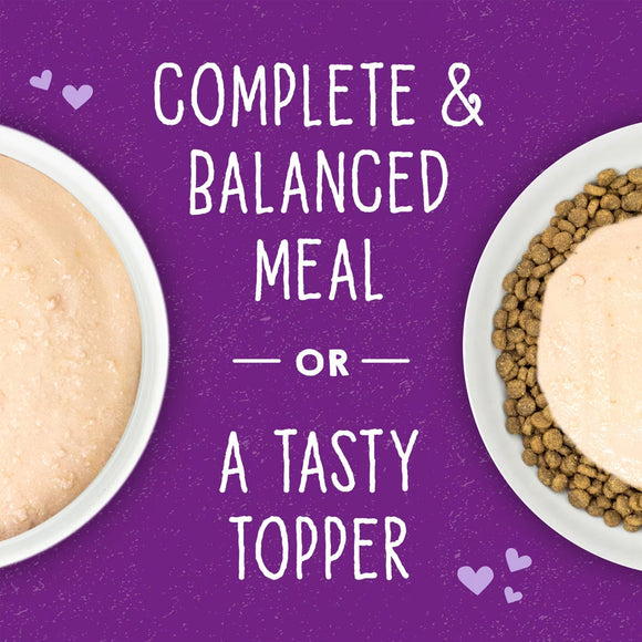 Pet food bowls with text on a purple background