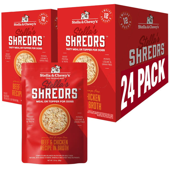 Stella & Chewy’s Shredrs Recipe in Broth Meal or Topper Wet Dog Food 2.8-oz case of 24 - Beef & Chicken - Dog Food