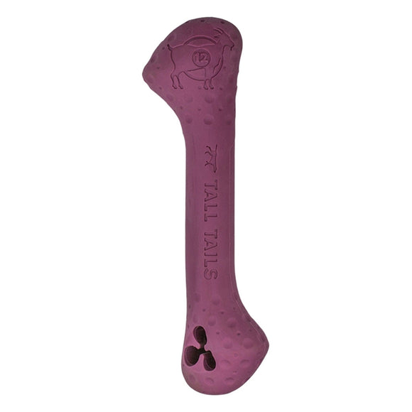 Purple dog toy with 'Tall Tails' branding on a white background