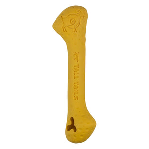 Yellow dog chew toy with 'Tall Tails' branding on a white background