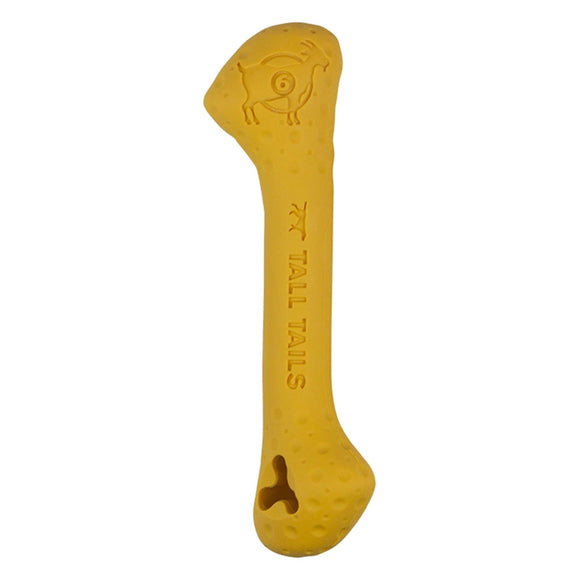Yellow dog chew toy with 'Tall Tails' branding on a white background