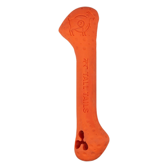 Orange dog chew toy with 'Tall Tails' branding on a white background