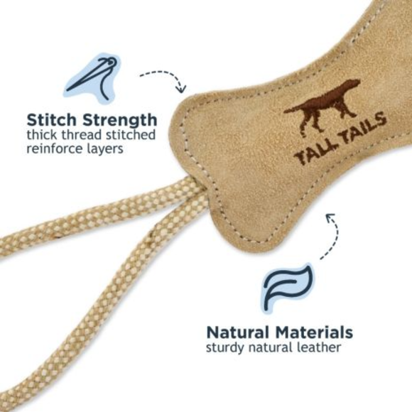 Tall Tails Natural Leather Bone Interactive Tug Dog Toy - features