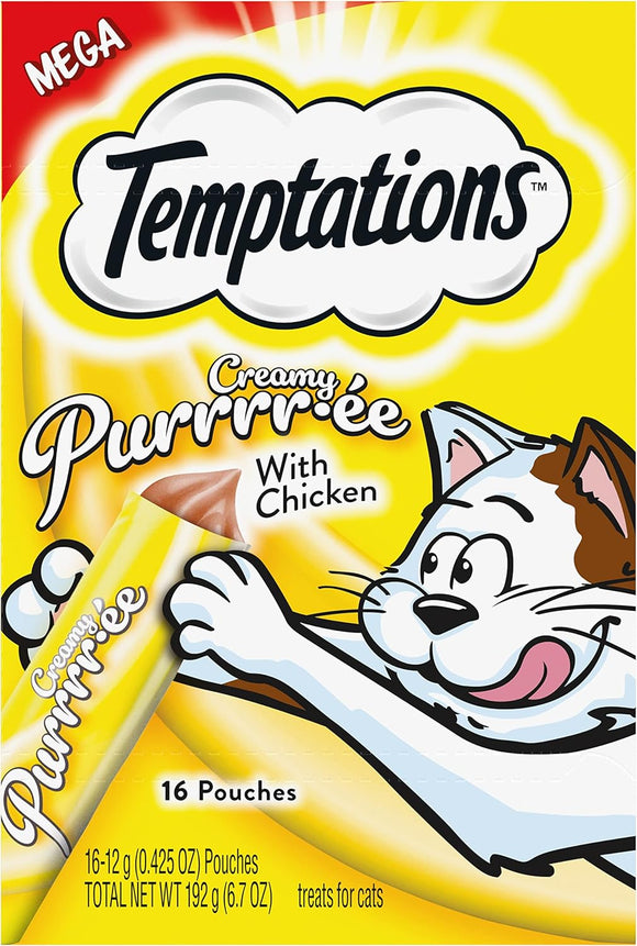 Temptations cat treats packaging with cartoon cat and yellow background