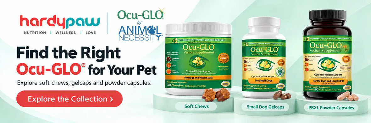 A promotional banner for Ocu-GLO pet supplements by Hardypaw, showing three product containers: Soft Chews, Small Dog Gelcaps, and PBXL Powder Capsules, with branding and text on a light teal background.