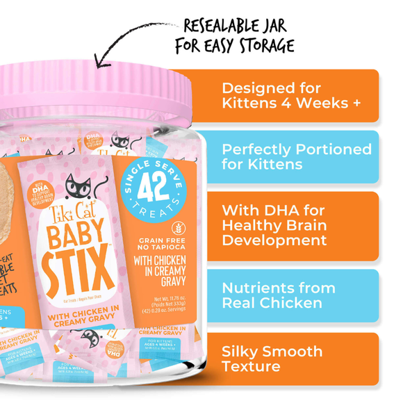 Tiki Cat Baby Stix Chicken in Creamy Gravy Wet Kitten Treats Jar (42 sachets) - Cat Treats 3