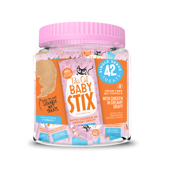 Tiki Cat Baby Stix Chicken in Creamy Gravy Wet Kitten Treats Jar (42 sachets) - Cat Treats 9