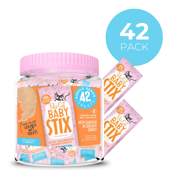 Tiki Cat Baby Stix Chicken in Creamy Gravy Wet Kitten Treats Jar (42 sachets) - Cat Treats 1