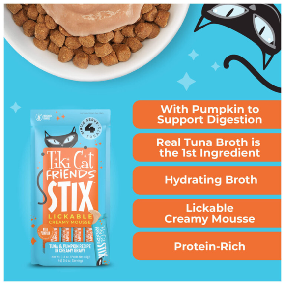 Tiki Cat Friends Stix Tuna & Pumpkin Recipe in Creamy Gravy Lickable Cat Treats (0.4 oz x 4 servings) - Cat Treats 2