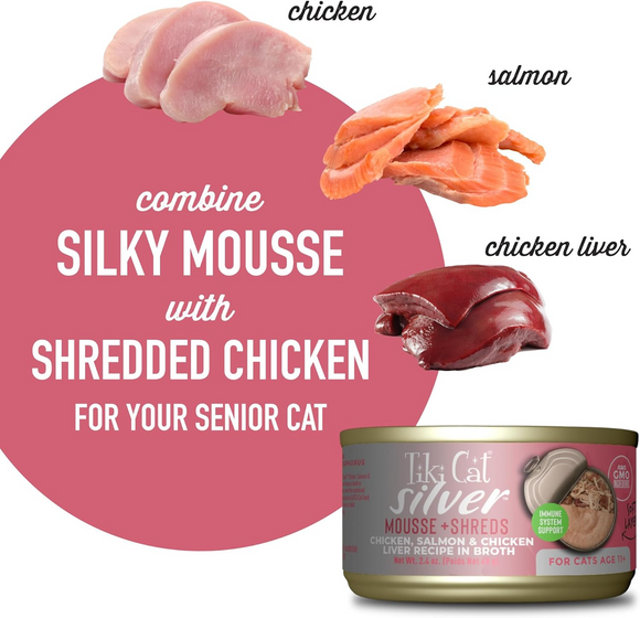 Tiki Cat Silver for Seniors Chicken & Salmon & Chicken Liver Mousse & Shreds (2.4 oz x 12 cans) - Wet Cat Food 3
