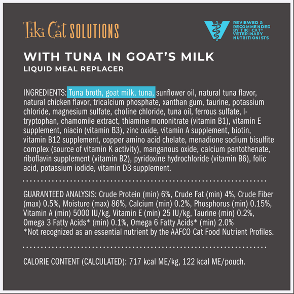 Tiki Cat Solutions Liquid Meal Replacer Tuna in Goat’s Milk for Cats (6 oz x 6 pouches) - Cat Food 7