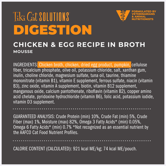 Tiki Cat Solutions Mousse Digestion Chicken & Egg Recipe in Broth Wet Cat Food (2.4 oz x 12 pouches) - Cat Food 6