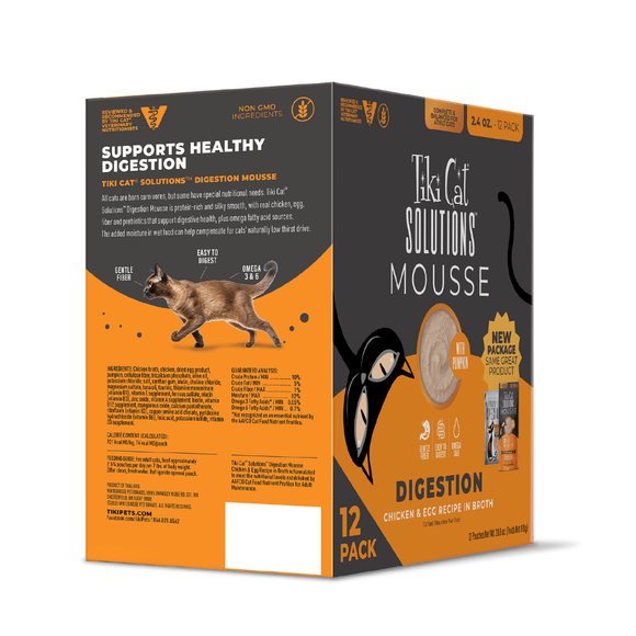 Tiki Cat Solutions Mousse Digestion Chicken & Egg Recipe in Broth Wet Cat Food (2.4 oz x 12 pouches) - Cat Food 11