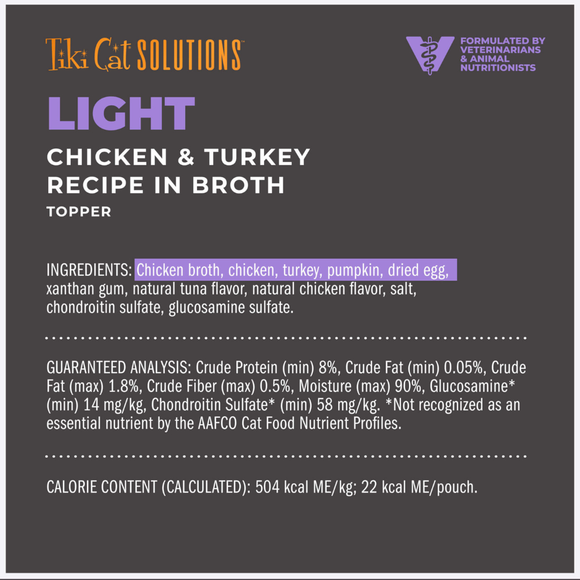 Tiki Cat Solutions Topper + Function Light Low Calorie Chicken & Turkey Recipe in Broth Food Topper for Cats (1.5 oz x