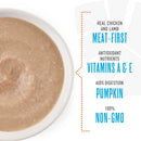 Dog food in a bowl with text highlighting ingredients and benefits on a white background