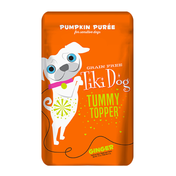 Tiki Dog Tummy Topper Pumpkin Puree with Ginger Food Topper for Sensitive Dogs (1.5 oz x 12 pouches) - Dog Food Toppers